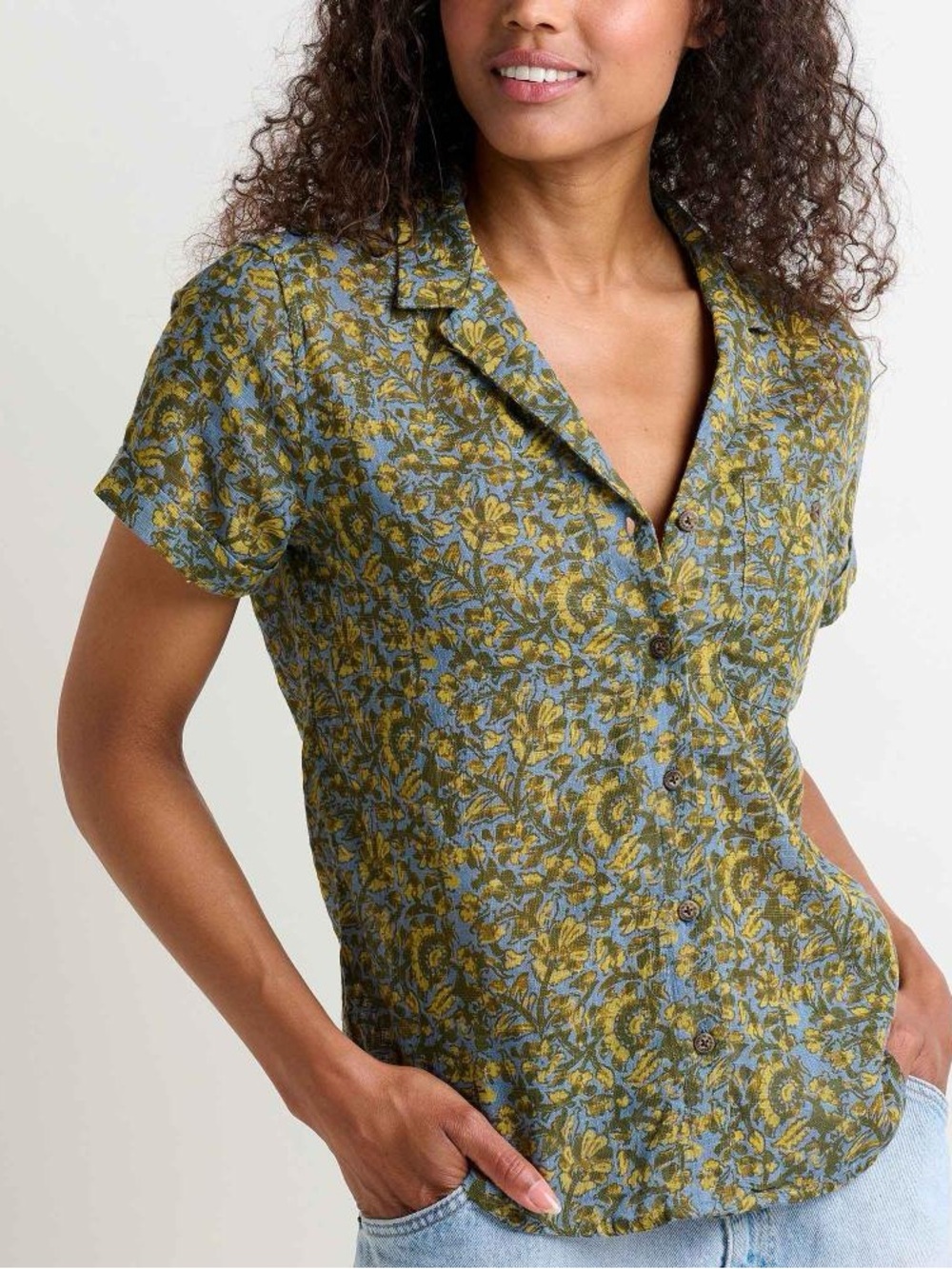 Toad&Co Camp Cove Short Sleeve Button Down Blue Green Floral Cotton Shrit XL